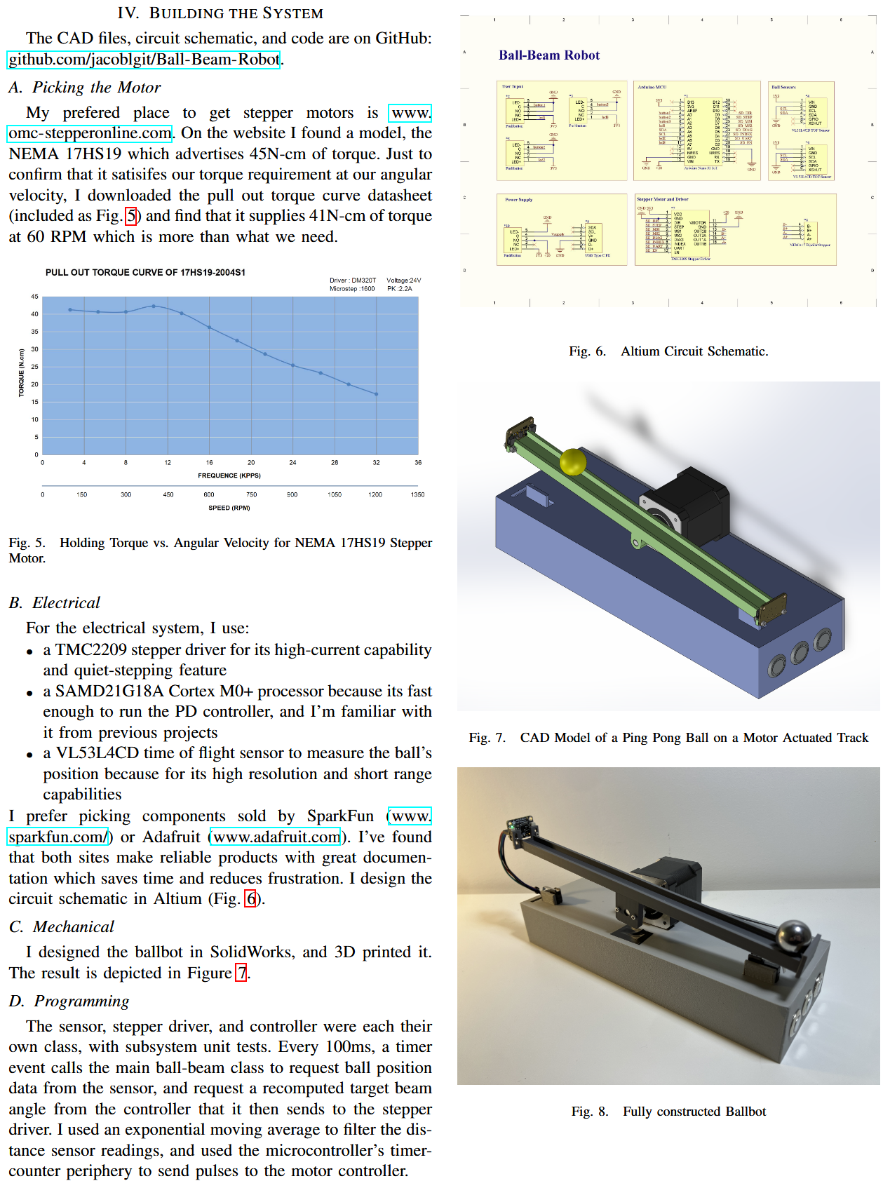 CAD model and assembled hardware showing 3D printed beam mechanism, servo motor mount, position sensor, and control electronics housed in protective enclosure