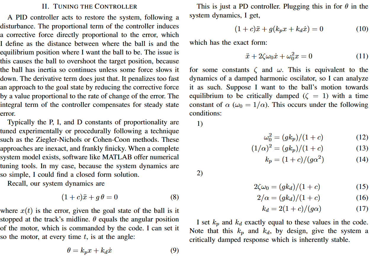 PID controller transfer function analysis showing pole-zero placement and stability margins, with tuning parameters derived from damped harmonic oscillator analogy