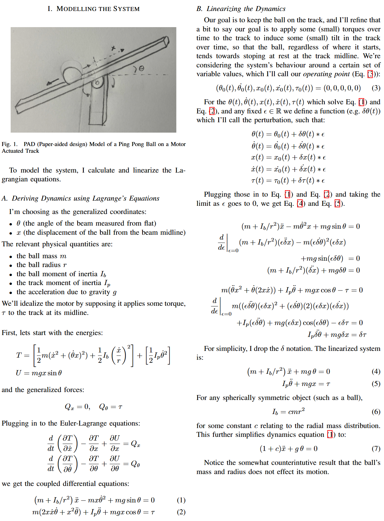 Mathematical model showing Lagrangian equations of motion for the ball-beam system, including free body diagrams and derived differential equations for ball position dynamics
