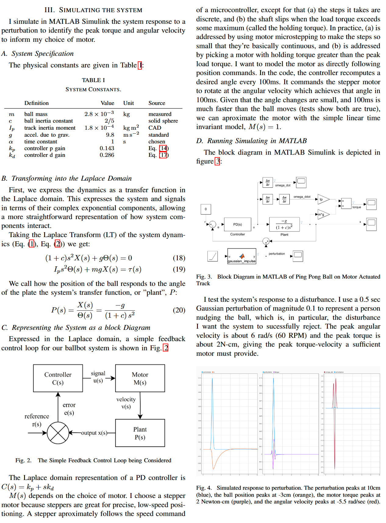 MATLAB Simulink block diagram of the complete control system showing PID controller, plant dynamics, and sensor feedback loops